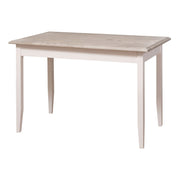 Fenyőfa étkezőasztal. A lábak színe fehér, az asztallap színe szürke lakkozott.