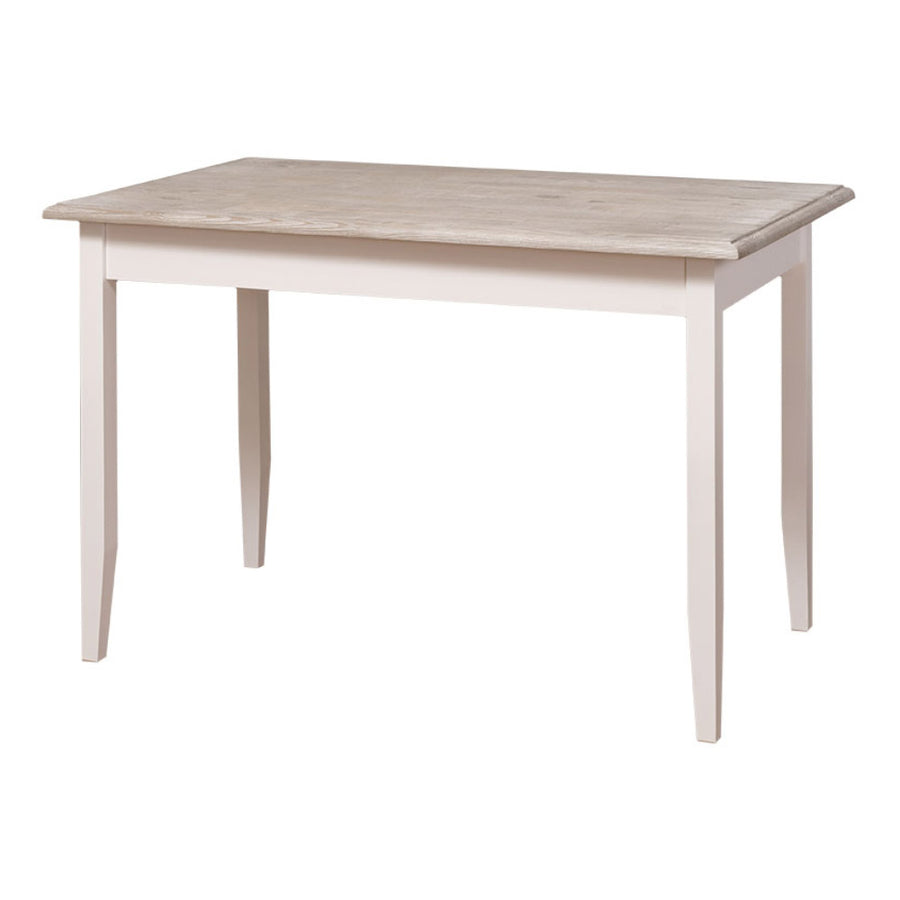 Fenyőfa étkezőasztal. A lábak színe fehér, az asztallap színe szürke lakkozott.