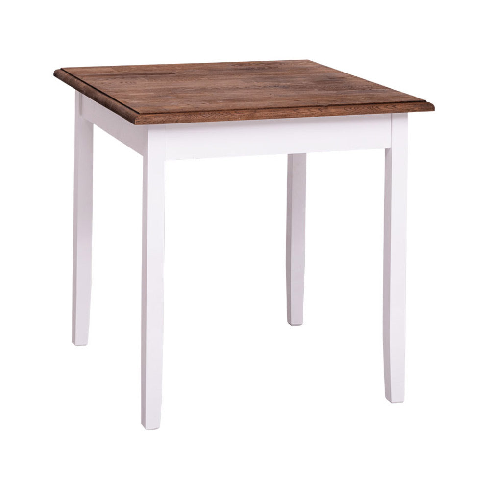 Fenyőfa étkezőasztal. A lábak színe fehér, az asztallap színe barna lakkozott.