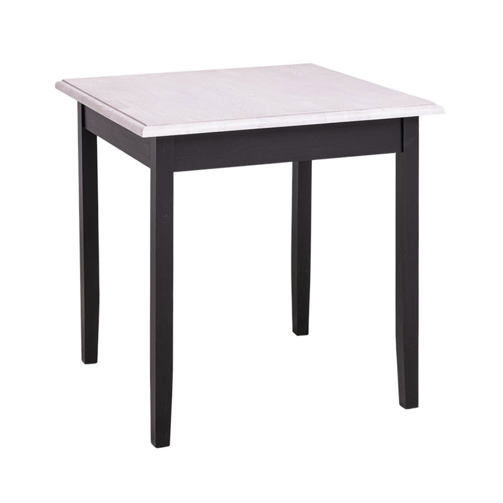 Fenyőfa étkezőasztal. A lábak színe festett fekete, az asztallap színe olajozott fehér.