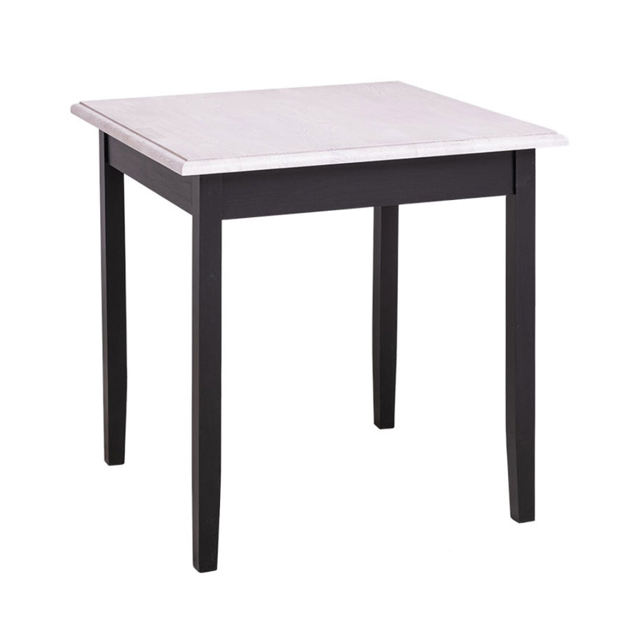 Fenyőfa étkezőasztal. A lábak színe festett fekete, az asztallap színe olajozott fehér.