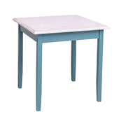 Fenyőfa étkezőasztal. A lábak színe festett világoskék, az asztallap színe olajozott fehér.