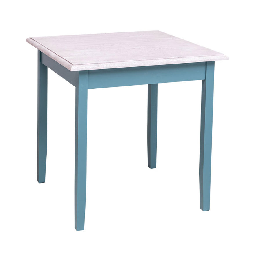 Fenyőfa étkezőasztal. A lábak színe festett világoskék, az asztallap színe olajozott fehér.