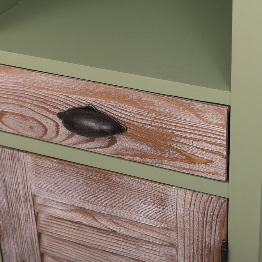 Fenyőfából készült, fürdőszobaszekrény. Zöld és natúr színű.