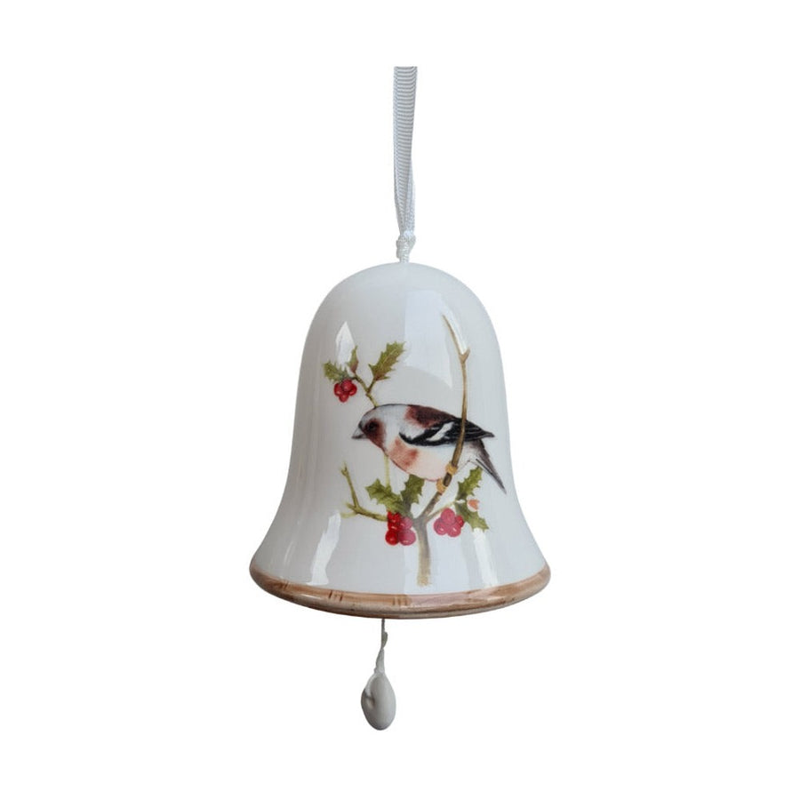 Énekesmadárral díszített karácsonyi kerámia harang.
