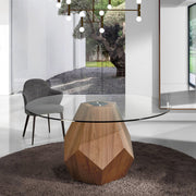 Kortárs stílusú, diófurnérral borított fenyőfából készült, dizájn étkezőasztal edzett üveglappal.