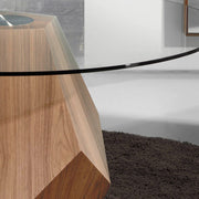 Kortárs stílusú, diófurnérral borított fenyőfából készült, dizájn étkezőasztal edzett üveglappal.