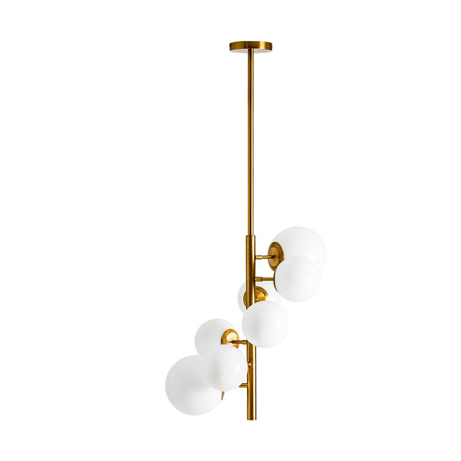 Art Deco stílusú, fémből készült, aranyszínű dizájn függeszték fehér színű, opál lámpabúrákkal.