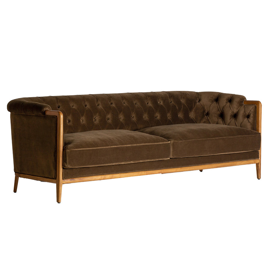 Koloniál stílusú, olívazöld színű, műszálas szövettel kárpitozott kanapé