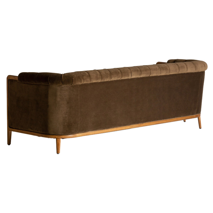 Koloniál stílusú, olívazöld színű, műszálas szövettel kárpitozott kanapé