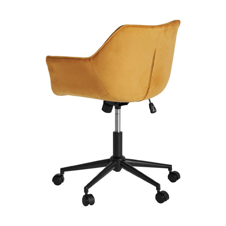 Kortárs stílusú, mustársárga bársonnyal kárpitozott kerekes irodai forgószék.