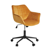 Kortárs stílusú, mustársárga bársonnyal kárpitozott kerekes irodai forgószék.