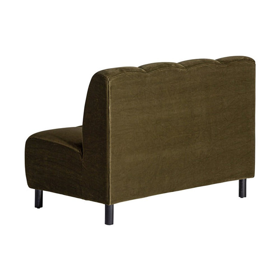 Kortárs stílusú, olajzöld színű bársonnyal kárpitozott moduláris kanapé.