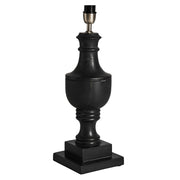 Mangófából faragott, fekete színű asztali lámpa, natúr színű pamut lámpaernyővel