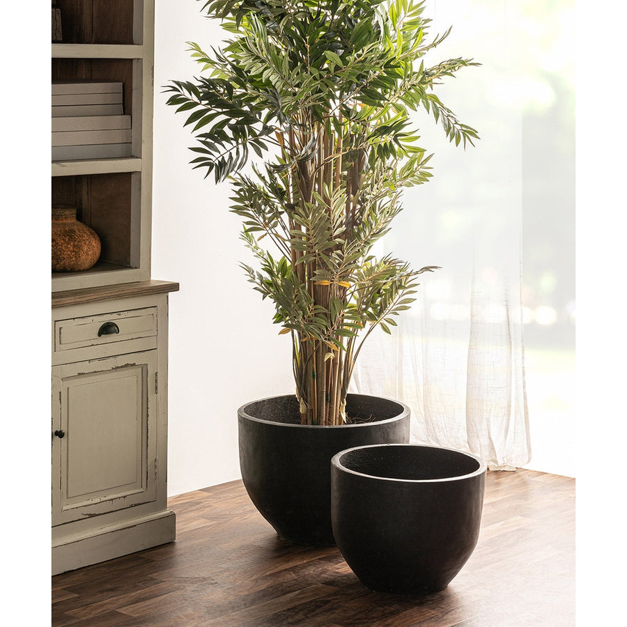 Két darabos, kortárs stílusú, fekete színű, égetett terrakotta kaspó szett