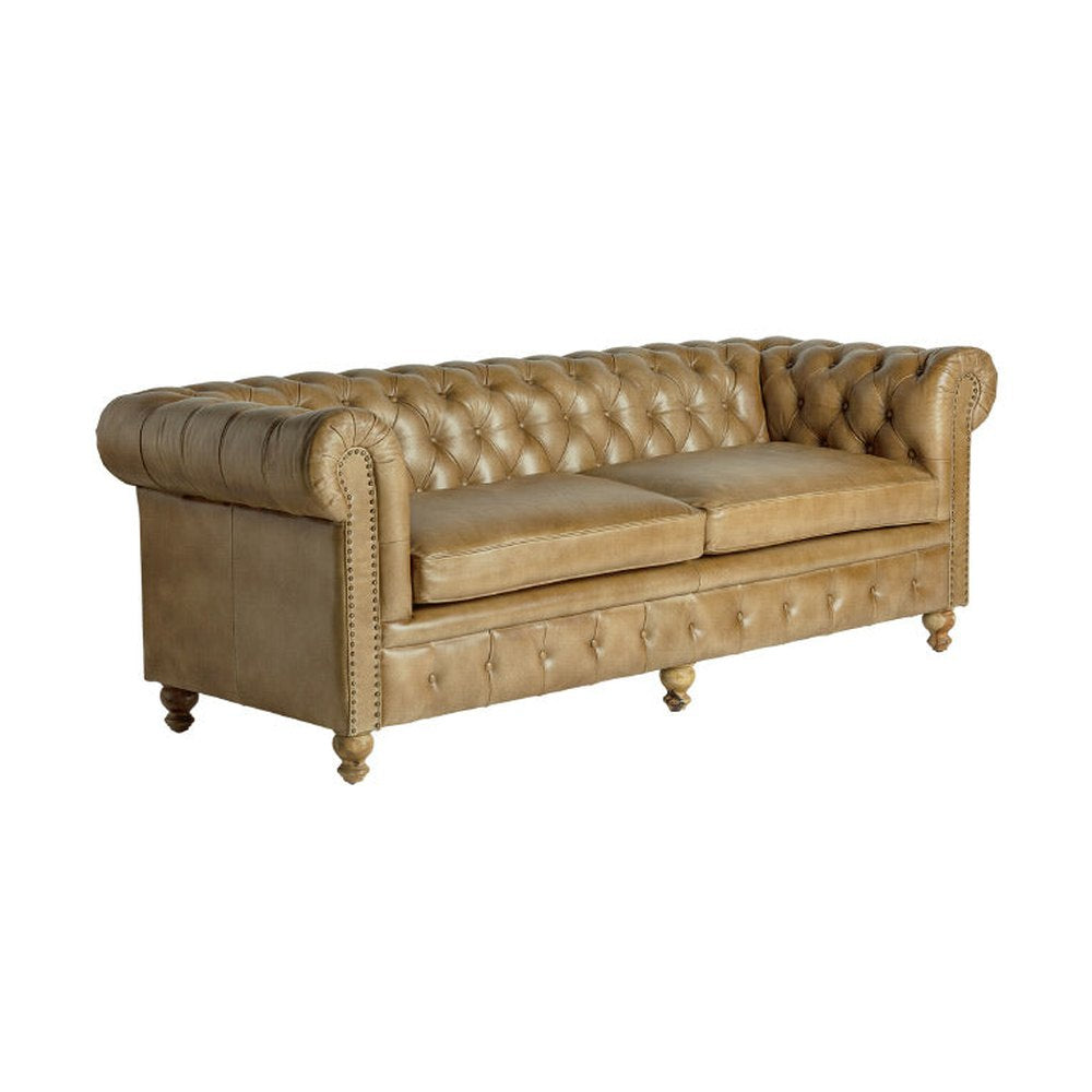 Vintage stílusú, fenyőfa szerkezetű, barna színű bőrrel kárpitozott Chesterfield kanapé.