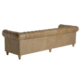 Vintage stílusú, fenyőfa szerkezetű, barna színű bőrrel kárpitozott Chesterfield kanapé.