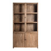 Koloniál stílusú, natúr, újrahasznosított vasúti talpfából készült vitrines könyvszekrény, tálalószekrény