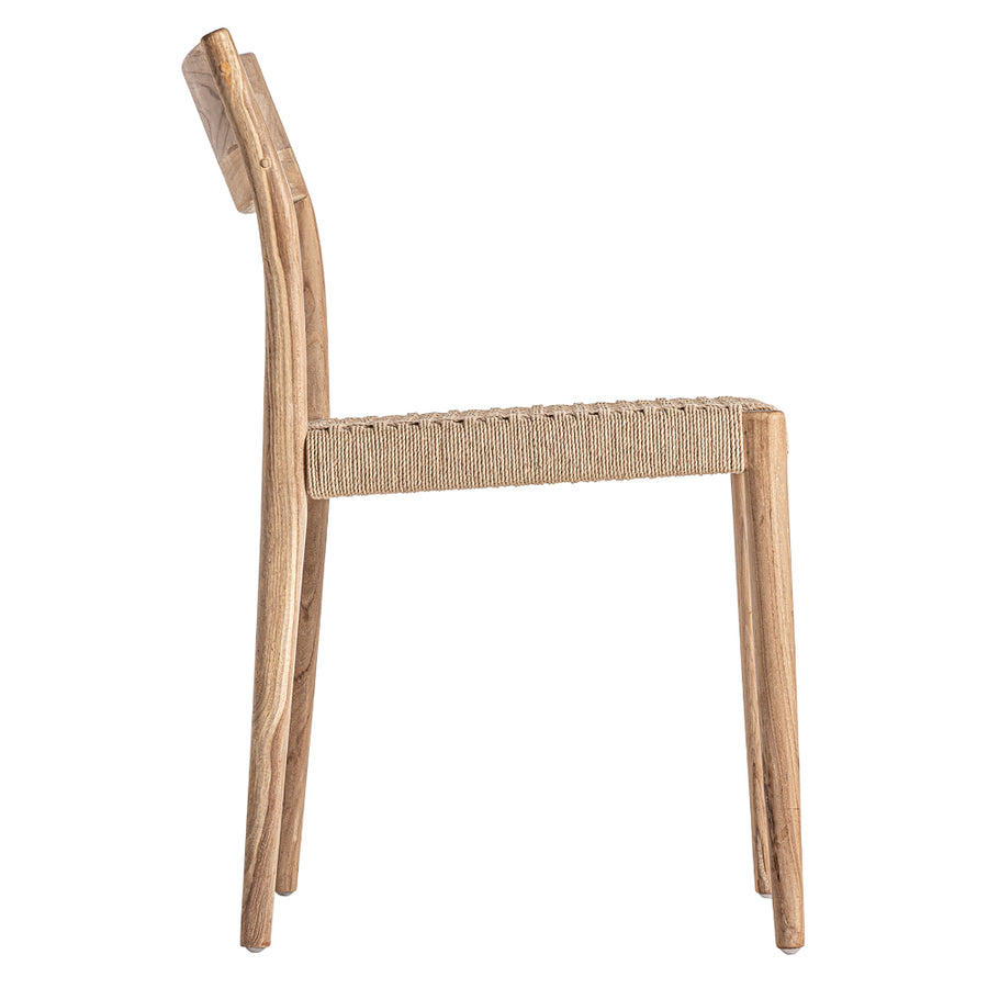 Koloniál stílusú, natúr színű, teakfa étkezőszék kötélből szőtt ülőfelülettel.