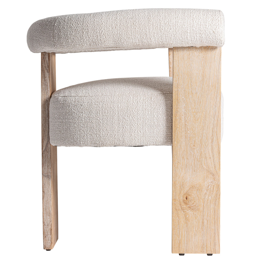 Kortárs stílusú, natúr színű, tölgyfa karosszék buklé hatású szövettel.