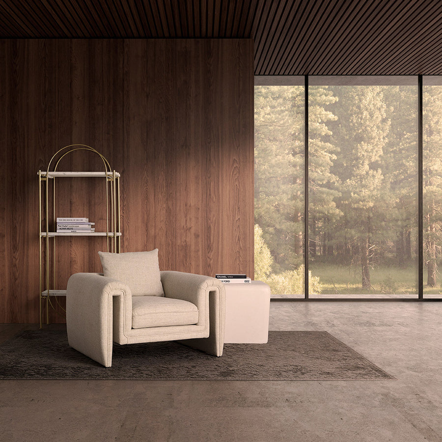 Kortárs stílusú, világosszürke színű poliészter szövettel kárpitozott dizájn fotel