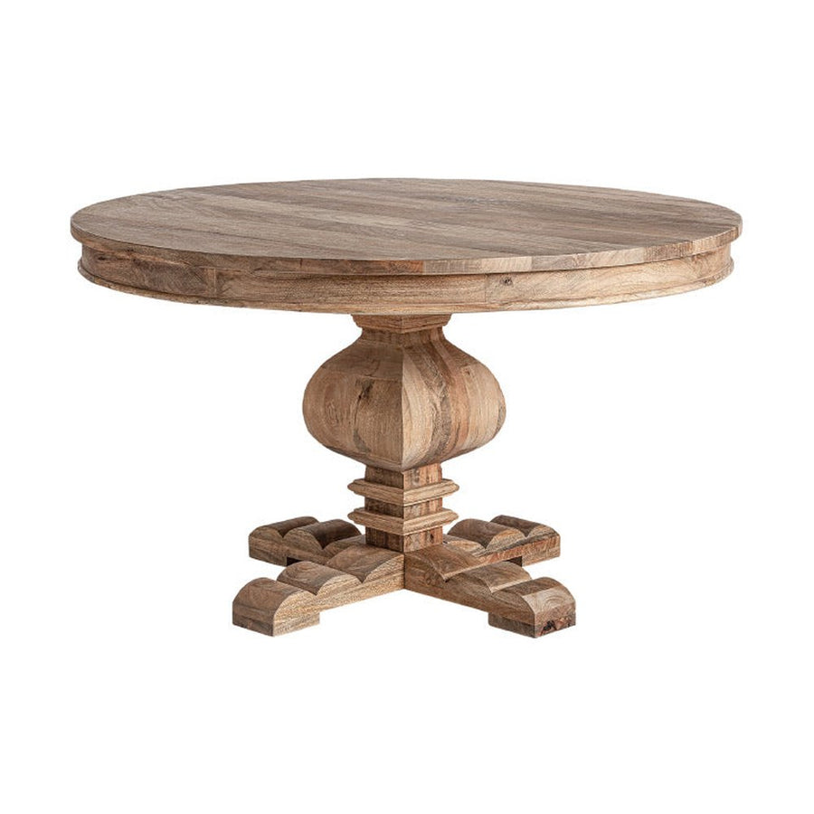 Nagyméretű, koloniál stílusú, mangófából készült, natúr színű, kör alakú étkezőasztal