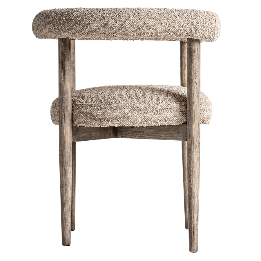 Kortárs stílusú, natúr színű, kőrisfa étkezőszék buklé hatású szövettel kárpitozva.