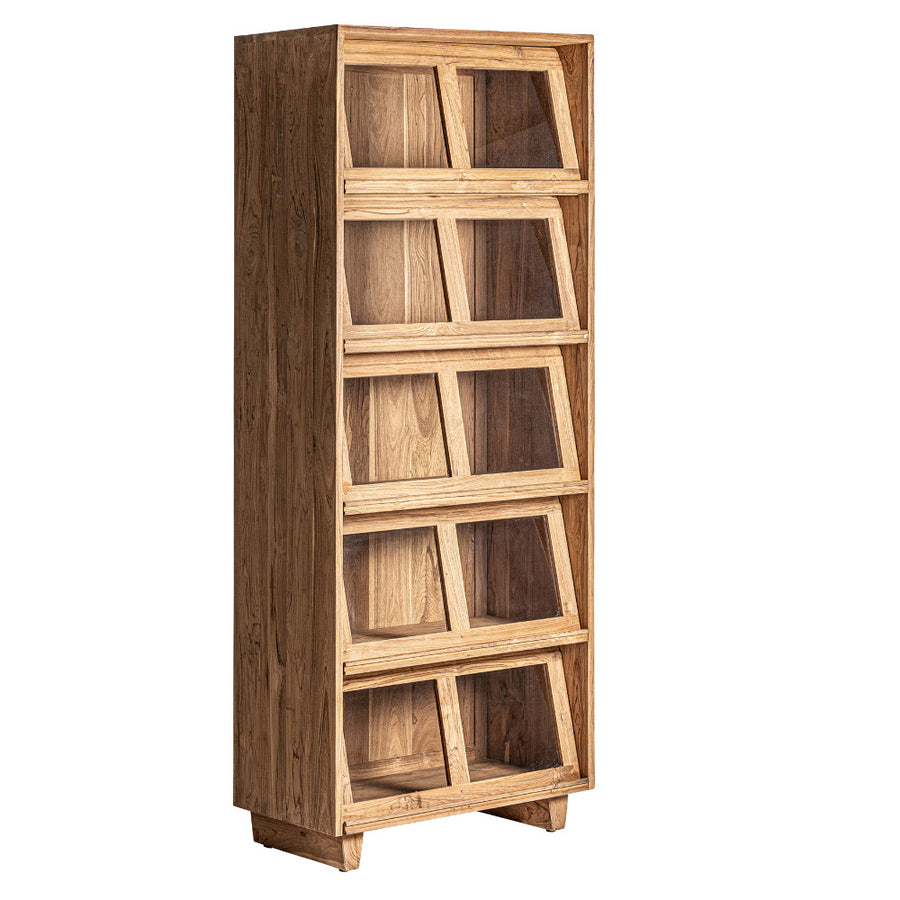 Kortárs stílusú, natúr színű, újrahasznosított fenyőfából készült, vitrines, display szekrény