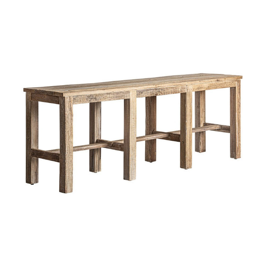 Kortárs stílusú, natúr színű, újrahasznosított fenyőfából készült, nagy méretű konzolasztal