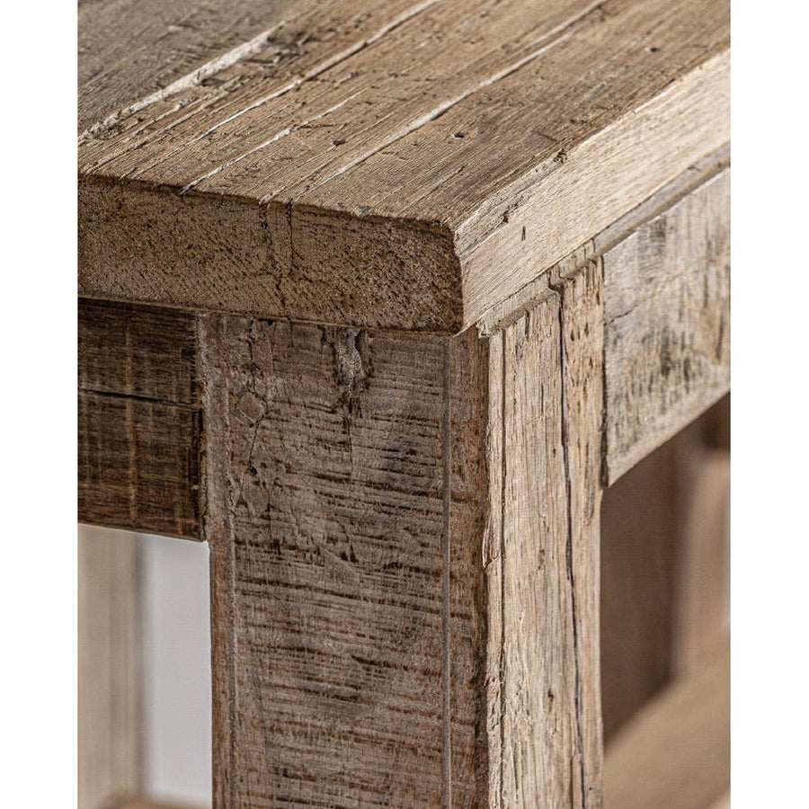 Kortárs stílusú, natúr színű, újrahasznosított fenyőfából készült, nagy méretű konzolasztal