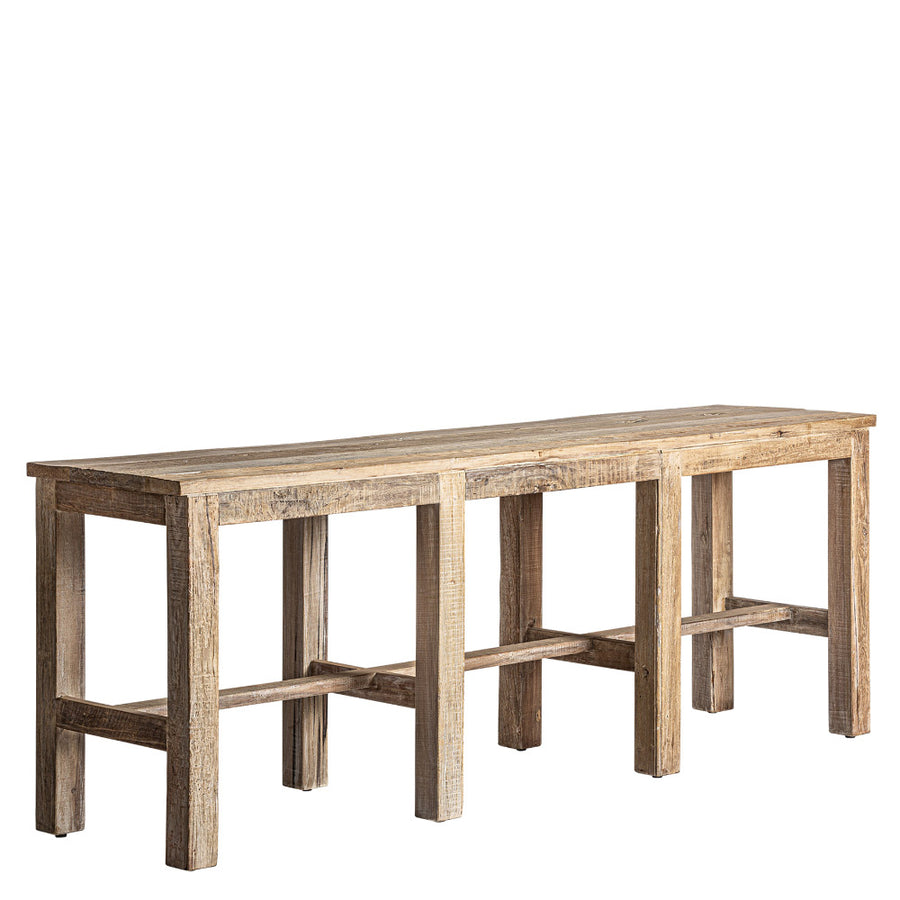 Kortárs stílusú, natúr színű, újrahasznosított fenyőfából készült, nagy méretű konzolasztal