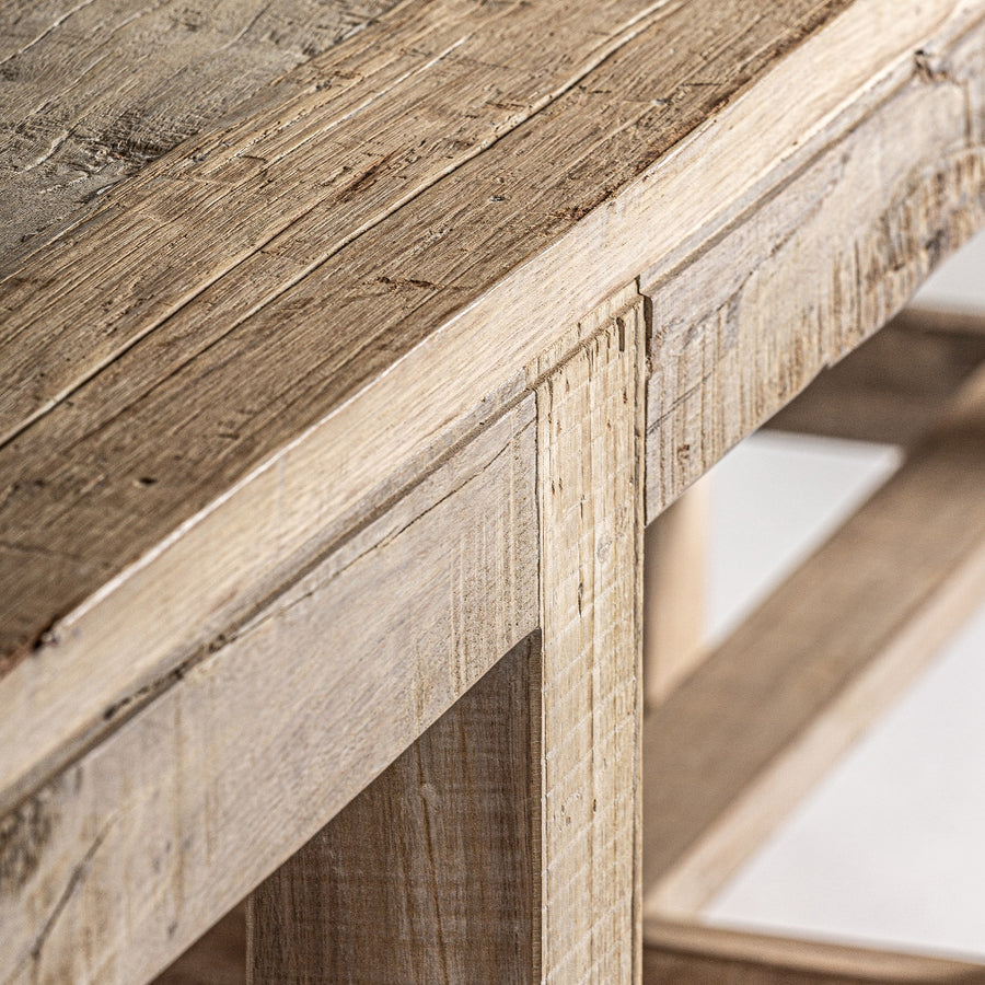 Kortárs stílusú, natúr színű, újrahasznosított fenyőfából készült, nagy méretű konzolasztal