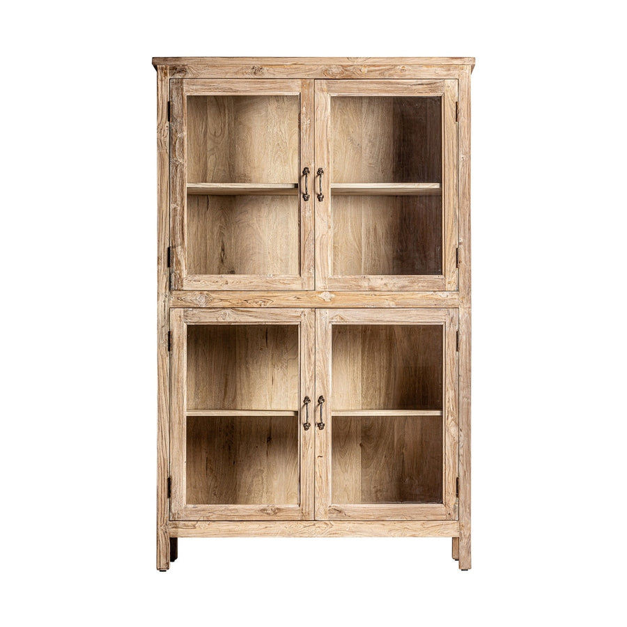 Kortárs stílusú, natúr színű, újrahasznosított fenyőfából készült vitrines szekrény