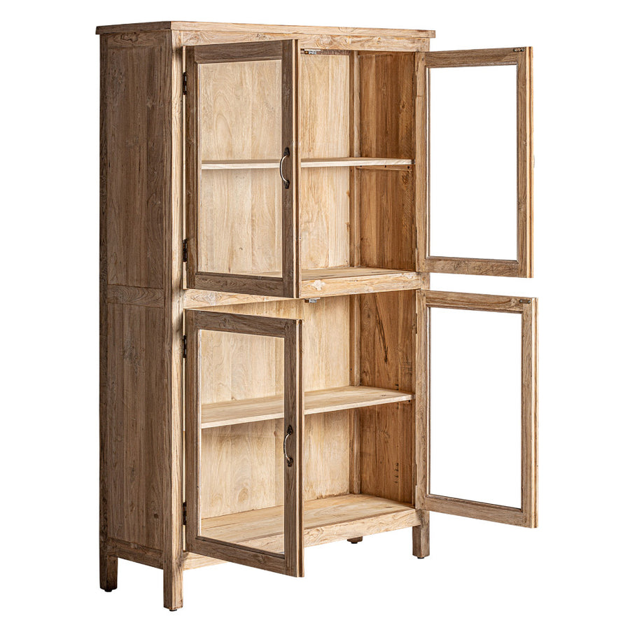 Kortárs stílusú, natúr színű, újrahasznosított fenyőfából készült vitrines szekrény