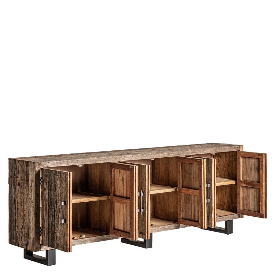 Kortárs stílusú, natúr színű, újrahasznosított fenyőfából készült tálaló.