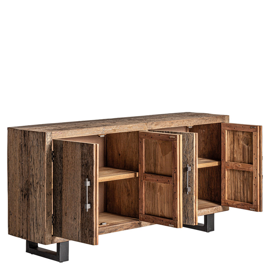 Kortárs stílusú, natúr színű, újrahasznosított fenyőfából készült tálaló.