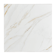 Art deco ihletésű, aranyszínű, fém bárasztal, fehér színű műmárvány fedlappal.