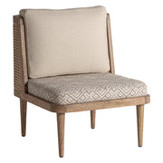 Koloniál stílusú, natúr színű, nyírfából készült fotel rattanból szőtt háttámlával