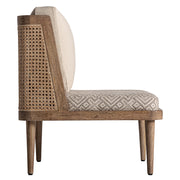 Koloniál stílusú, natúr színű, nyírfából készült fotel rattanból szőtt háttámlával