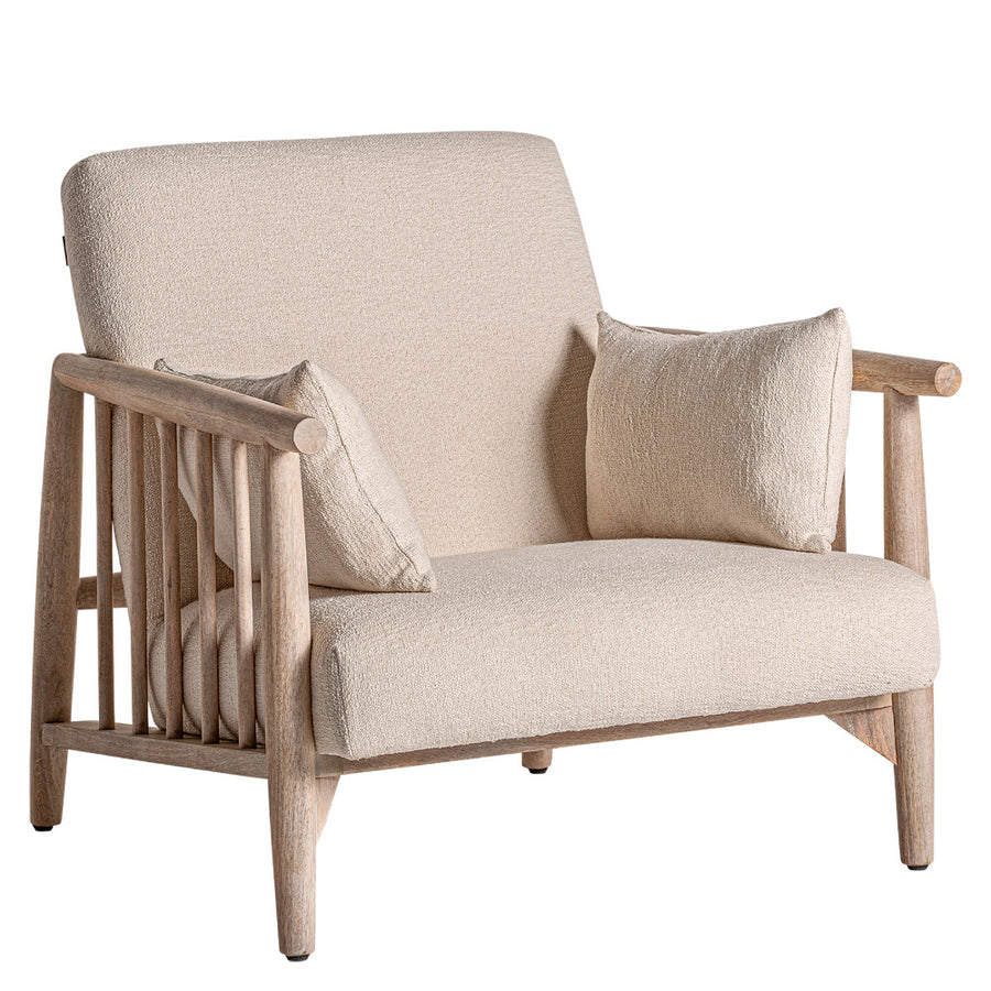 Vidéki kortárs stílusú, natúr színű, bukléhatású pamuttal kárpitozott, nyírfa fote