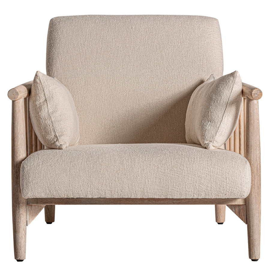 Vidéki kortárs stílusú, natúr színű, bukléhatású pamuttal kárpitozott, nyírfa fote