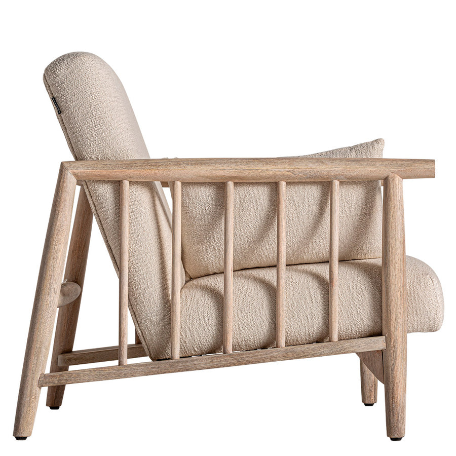 Vidéki kortárs stílusú, natúr színű, bukléhatású pamuttal kárpitozott, nyírfa fote