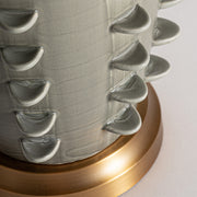 Kortárs, szürkészöld kerámiából készült, asztali lámpa, natúr színű lámpaernyővel