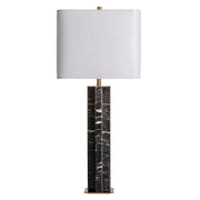 Art Deco, aranyszínű fémből és fekete márványból készült, asztali lámpa fehér lámpaernyővel