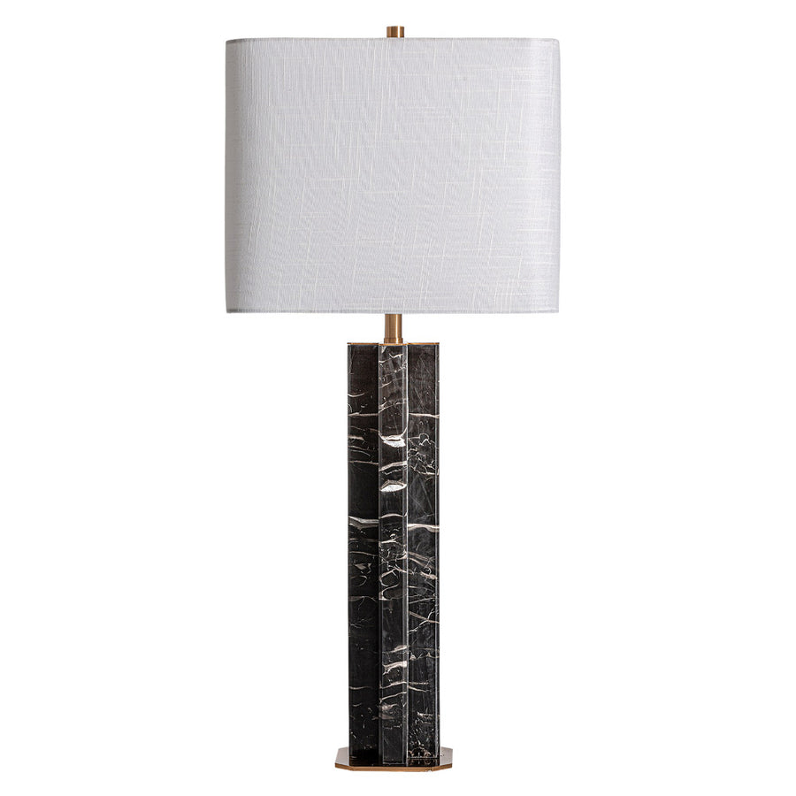 Art Deco, aranyszínű fémből és fekete márványból készült, asztali lámpa fehér lámpaernyővel