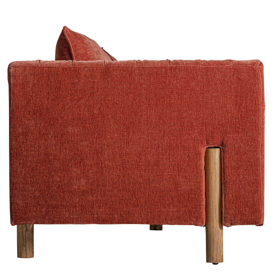 Kortárs stílusú, fenyőfából és tölgyfából készült, burgundi vörös színű, bársonyhatású poliészter szövettel kárpitozott kanapé