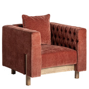 Kortárs stílusú, fenyőfából és tölgyfából készült, burgundi vörös színű, bársonyhatású poliészter szövettel kárpitozott dizájn fotel