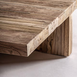 Pure dohányzóasztal részletfotó – vastag teakfa pallók, formatervezett élkialakítás