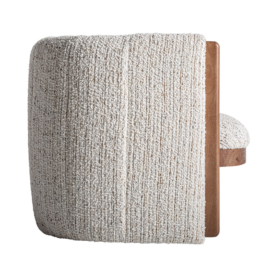 Erbach fotel oldalsó nézet – buklé hatású kárpit és barna fa szerkezet