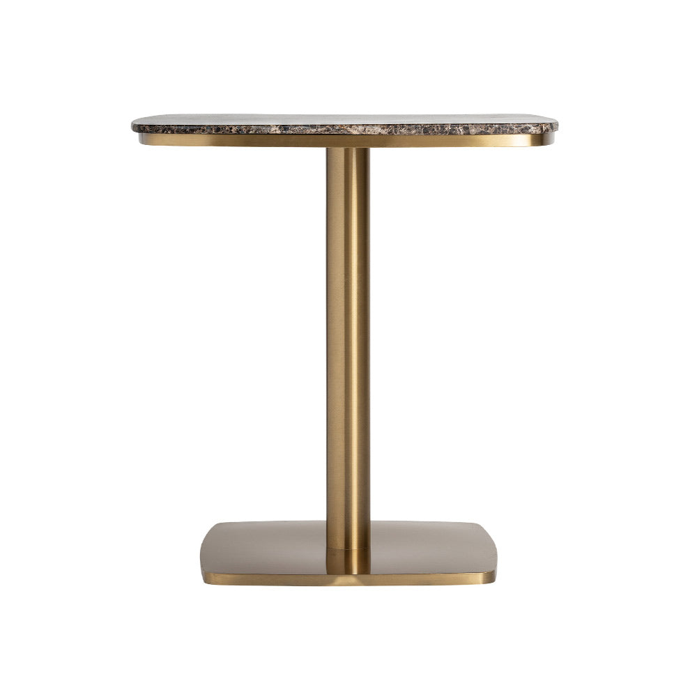 Aranyszínű acél lábú, barna márványlapos glamour bisztróasztal elölnézet – Valreas kollekció